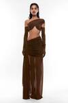 Buy_Deme By Gabriella_Brown Net One Shoulder Ruched Crop Top And Draped Skirt Set _at_Aza_Fashions