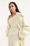 Shop_Deme By Gabriella_Off White Faux Leather, Silk Collared, Natsya Solid Long Jacket Pant Set _Online_at_Aza_Fashions