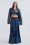 Buy_Deme By Gabriella_Blue Leather, Suede Celia Solid Box Pleat Pant _at_Aza_Fashions