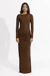 Buy_Deme By Gabriella_Brown Net, Lycra Round Neck Hena Pleated Draped Dress _at_Aza_Fashions