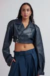 Buy_Deme By Gabriella_Blue Leather Collared Celia Solid Cropped Jacket _at_Aza_Fashions