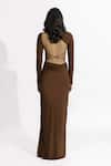 Deme By Gabriella_Brown Net, Lycra Round Neck Hena Pleated Draped Dress _Online_at_Aza_Fashions