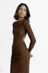 Buy_Deme By Gabriella_Brown Net, Lycra Round Neck Hena Pleated Draped Dress _Online_at_Aza_Fashions