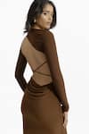 Shop_Deme By Gabriella_Brown Net, Lycra Round Neck Hena Pleated Draped Dress _Online_at_Aza_Fashions