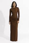 Deme By Gabriella_Brown Net, Lycra Round Neck Hena Pleated Draped Dress _at_Aza_Fashions