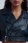 Shop_Deme By Gabriella_Blue Leather Collared Celia Solid Cropped Jacket _Online_at_Aza_Fashions