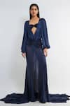 Buy_Deme By Gabriella_Blue Chiffon, Lycra, Maheshwari Freja Puffed Sleeve Top And Draped Skirt Set _at_Aza_Fashions