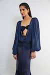 Buy_Deme By Gabriella_Blue Chiffon, Lycra, Maheshwari Freja Puffed Sleeve Top And Draped Skirt Set _Online_at_Aza_Fashions