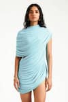 Shop_Deme By Gabriella_Blue Net, Lycra High Neck Alenna Waist Cut-out Dress _at_Aza_Fashions
