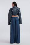 Shop_Deme By Gabriella_Blue Leather, Cotton Collared Celia Solid Cropped Jacket Pant Set _at_Aza_Fashions