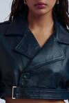 Deme By Gabriella_Blue Leather, Cotton Collared Celia Solid Cropped Jacket Pant Set _at_Aza_Fashions