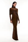 Deme by Gabriella_Brown Net, Lycra Embroidery High Neck Draped Gown _Online_at_Aza_Fashions