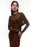 Buy_Deme by Gabriella_Brown Net, Lycra Embroidery High Neck Draped Gown _Online_at_Aza_Fashions