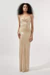 Deme By Gabriella_Beige Silk Sequins Cowl Neck Embellished Gown _at_Aza_Fashions