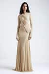 Buy_Deme By Gabriella_Beige Net, Lycra Brooches V-neck Chantal Knot Detailed Gown _at_Aza_Fashions
