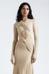 Buy_Deme By Gabriella_Beige Net, Lycra Brooches V-neck Chantal Knot Detailed Gown _Online_at_Aza_Fashions