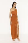 Buy_Deme By Gabriella_Orange Malai Lycra One Shoulder Slit Gown _Online_at_Aza_Fashions