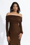 Deme By Gabriella_Brown Lycra Off-shoulder Irene Off Mermaid Dress _Online_at_Aza_Fashions