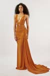 Deme By Gabriella_Orange Lycra Plunge Neck Draped Trail Gown _at_Aza_Fashions