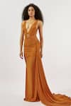 Shop_Deme By Gabriella_Orange Lycra Plunge Neck Draped Trail Gown 