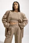 Buy_Deme By Gabriella_Grey Jersey, Suede Boat Neck Solid Crop Top _at_Aza_Fashions