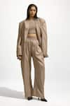 Buy_Deme By Gabriella_Grey Jersey, Cotton Boat Pin Striped Lapel Collar Oversized Blazer Trouser Set _at_Aza_Fashions