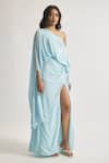Deme By Gabriella_Blue Silk Sequins Asymmetric Rosa Work One-shoulder Draped Dress _Online_at_Aza_Fashions