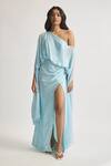 Buy_Deme By Gabriella_Blue Silk Sequins Asymmetric Rosa Work One-shoulder Draped Dress _at_Aza_Fashions