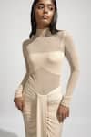 Shop_Deme By Gabriella_Off White Net, Lycra Turtle Neck Solid Ruched Draped Maxi Dress _Online_at_Aza_Fashions