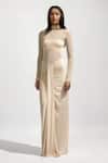 Buy_Deme By Gabriella_Off White Net, Lycra Turtle Neck Solid Ruched Draped Maxi Dress _at_Aza_Fashions