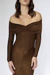 Buy_Deme By Gabriella_Brown Lycra Off-shoulder Ruched Off Dress _Online_at_Aza_Fashions