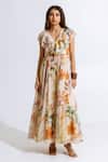 Buy_Aroop Shop India_Beige Recycled Chiffon Floral V Neck Print Maxi Dress _at_Aza_Fashions