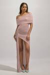 Buy_Deme By Gabriella_Pink Net Off-shoulder Alda Solid Ruched High-low Dress _at_Aza_Fashions
