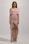 Deme By Gabriella_Pink Net Off-shoulder Alda Solid Ruched High-low Dress _Online_at_Aza_Fashions