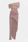 Buy_Deme By Gabriella_Pink Net Off-shoulder Alda Solid Ruched High-low Dress _Online_at_Aza_Fashions