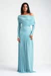 Buy_Deme By Gabriella_Blue Lycra Off-shoulder Annie Drop Waist Pleated Gown _at_Aza_Fashions