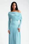 Shop_Deme By Gabriella_Blue Lycra Off-shoulder Annie Drop Waist Pleated Gown _at_Aza_Fashions