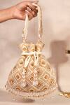 Buy_House Of Kosha_Gold Beads, Crystals, Zari Pastel Suede Embellished Potli _at_Aza_Fashions