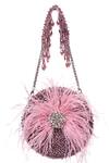 Shop_House Of Kosha_Lilac Feathers, Crystals Kiraz Suede Embellished Round Bag _at_Aza_Fashions