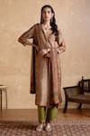 Buy_Ritu Kumar_Brown Silk, Cotton, Viscose Embroidery Round Neck Kurta Set _at_Aza_Fashions