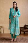 Buy_Ritu Kumar_Turquoise Silk, Viscose Embroidery Split V-neck Designer Kurta Set _at_Aza_Fashions