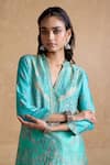 Ritu Kumar_Turquoise Silk, Viscose Embroidery Split V-neck Designer Kurta Set _at_Aza_Fashions