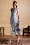 Ritu Kumar_Gray Viscose Beads V-neck Designer Floral Pattern Dress _Online_at_Aza_Fashions