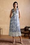 Buy_Ritu Kumar_Gray Viscose Beads V-neck Designer Floral Pattern Dress _at_Aza_Fashions
