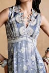 Shop_Ritu Kumar_Gray Viscose Beads V-neck Designer Floral Pattern Dress _Online_at_Aza_Fashions