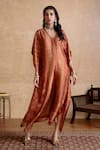Buy_Ritu Kumar_Orange Silk V-neck Kaftan Dress _at_Aza_Fashions