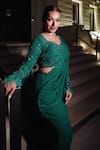 Shop_Midushi Bajoria_Green Georgette Sequins, Rhinestones Round Neck Fiza Applique Saree With Trail _Online
