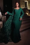 Midushi Bajoria_Green Georgette Sequins, Rhinestones Round Neck Fiza Applique Saree With Trail 