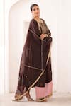 Aamra By Lavanya_Brown Silk, Chanderi Silk, Organza Embroidery Round Neck Hand Anarkali Set _Online_at_Aza_Fashions