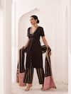 Aamra By Lavanya_Brown Silk, Chanderi Silk, Cotton Satin Embroidery V-neck Hand Kurta Set 